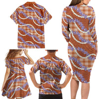 Orange Hawaii Palaka Honohono Pikake Family Matching Long Sleeve Bodycon Dress and Hawaiian Shirt Hawaiian Orchid Lei Polynesian Pattern - Polynesian Pride