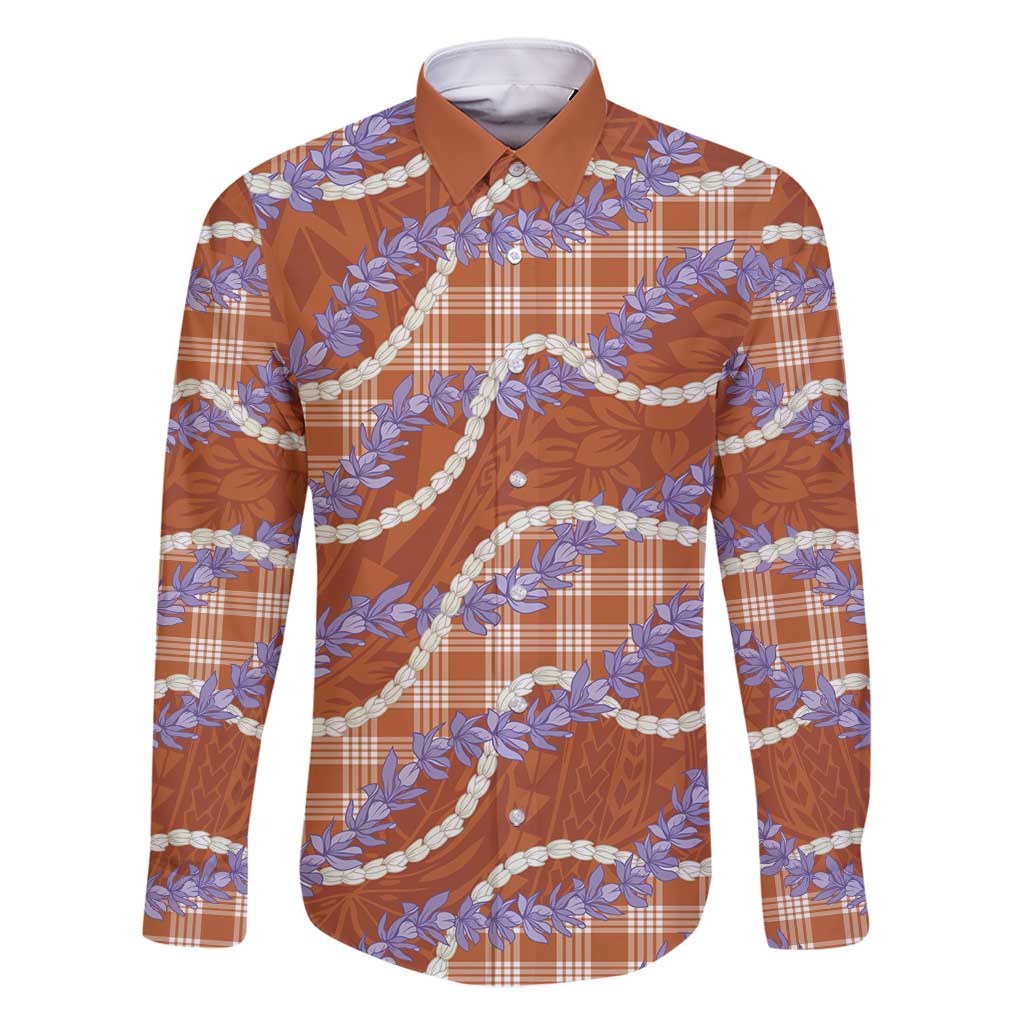 Orange Hawaii Palaka Honohono Pikake Family Matching Long Sleeve Bodycon Dress and Hawaiian Shirt Hawaiian Orchid Lei Polynesian Pattern - Polynesian Pride