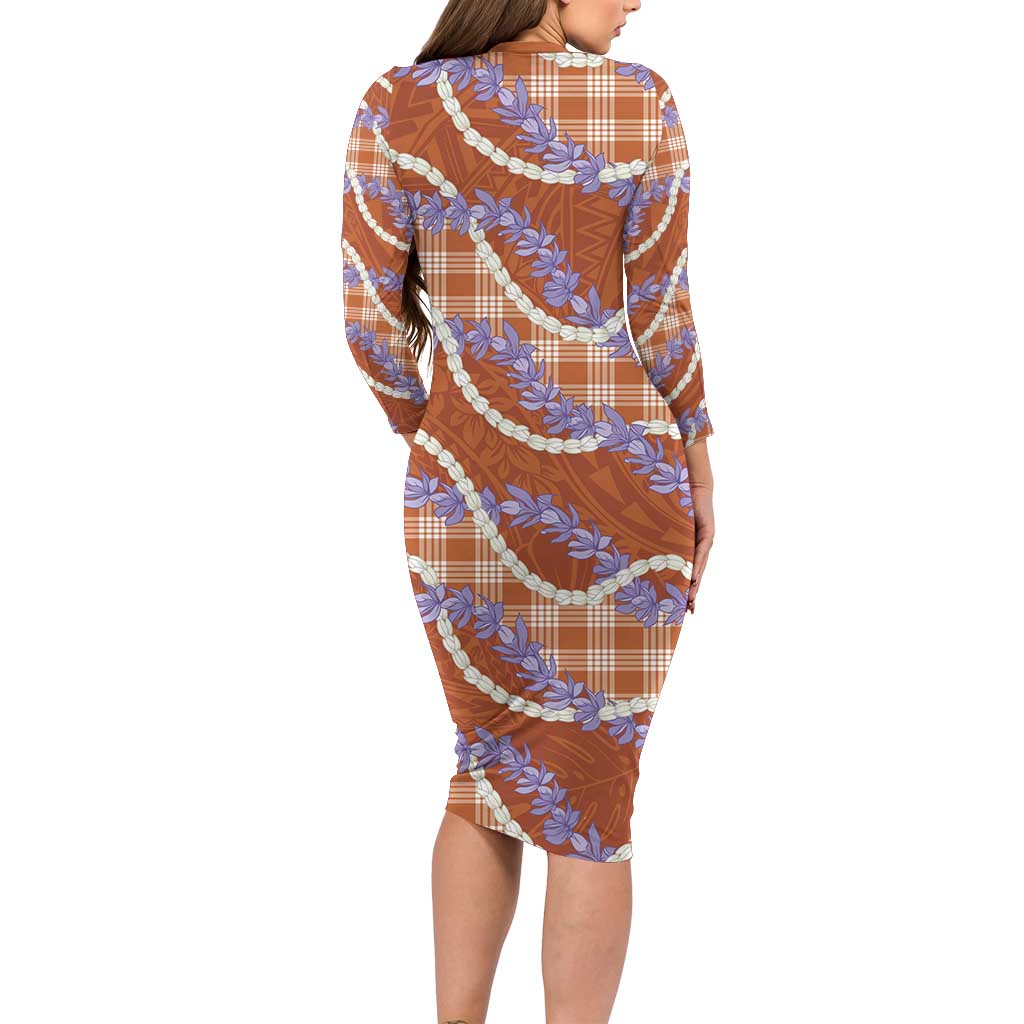 Orange Hawaii Palaka Honohono Pikake Family Matching Long Sleeve Bodycon Dress and Hawaiian Shirt Hawaiian Orchid Lei Polynesian Pattern - Polynesian Pride