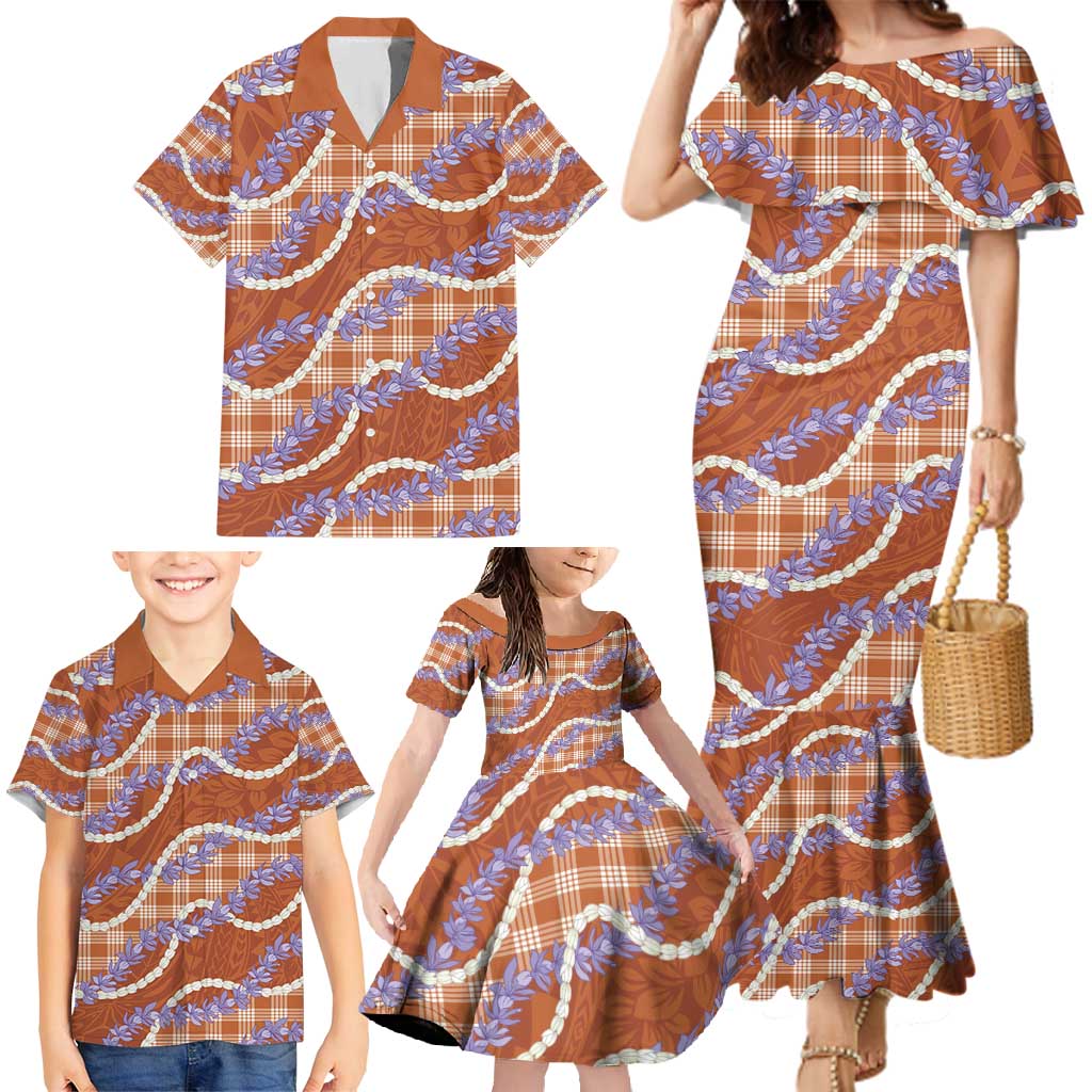 Orange Hawaii Palaka Honohono Pikake Family Matching Mermaid Dress and Hawaiian Shirt Hawaiian Orchid Lei Polynesian Pattern - Polynesian Pride
