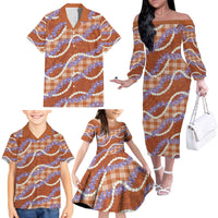 Orange Hawaii Palaka Honohono Pikake Family Matching Off The Shoulder Long Sleeve Dress and Hawaiian Shirt Hawaiian Orchid Lei Polynesian Pattern - Polynesian Pride