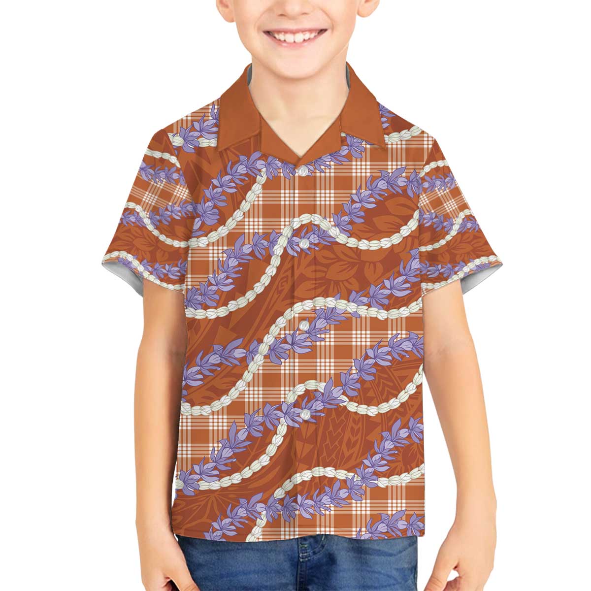 Orange Hawaii Palaka Honohono Pikake Family Matching Off The Shoulder Long Sleeve Dress and Hawaiian Shirt Hawaiian Orchid Lei Polynesian Pattern - Polynesian Pride