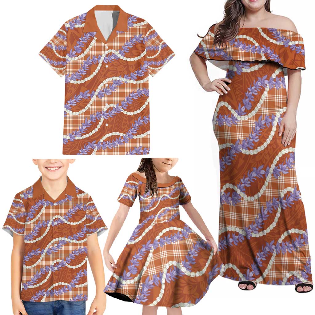 Orange Hawaii Palaka Honohono Pikake Family Matching Off Shoulder Maxi Dress and Hawaiian Shirt Hawaiian Orchid Lei Polynesian Pattern - Polynesian Pride