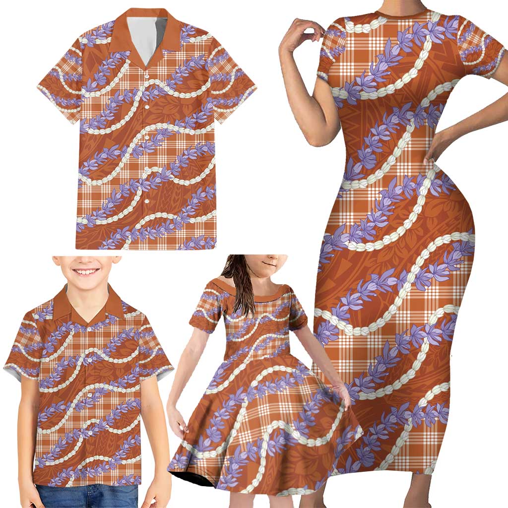 Orange Hawaii Palaka Honohono Pikake Family Matching Short Sleeve Bodycon Dress and Hawaiian Shirt Hawaiian Orchid Lei Polynesian Pattern - Polynesian Pride