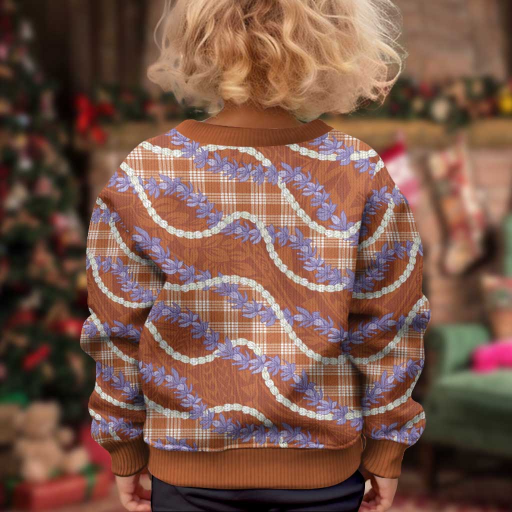 Orange Hawaii Palaka Honohono Pikake Kid Ugly Christmas Sweater Hawaiian Orchid Lei Polynesian Pattern - Polynesian Pride