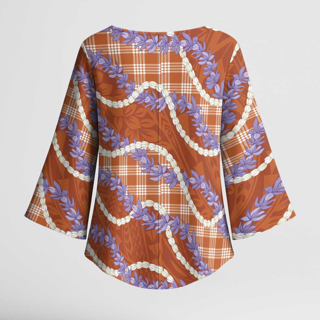 Orange Hawaii Palaka Honohono Pikake Kimono Sleeve Blouse Hawaiian Orchid Lei Polynesian Pattern - Polynesian Pride