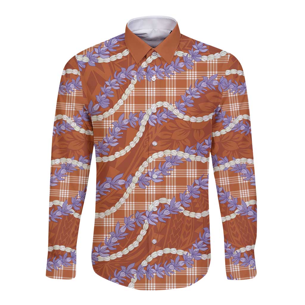 Orange Hawaii Palaka Honohono Pikake Long Sleeve Button Shirt Hawaiian Orchid Lei Polynesian Pattern LT14 Unisex Orange - Polynesian Pride