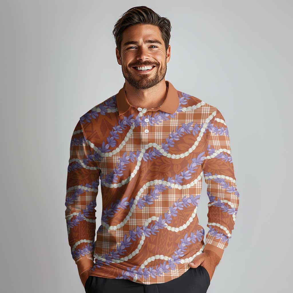 Orange Hawaii Palaka Honohono Pikake Long Sleeve Polo Shirt Hawaiian Orchid Lei Polynesian Pattern - Polynesian Pride