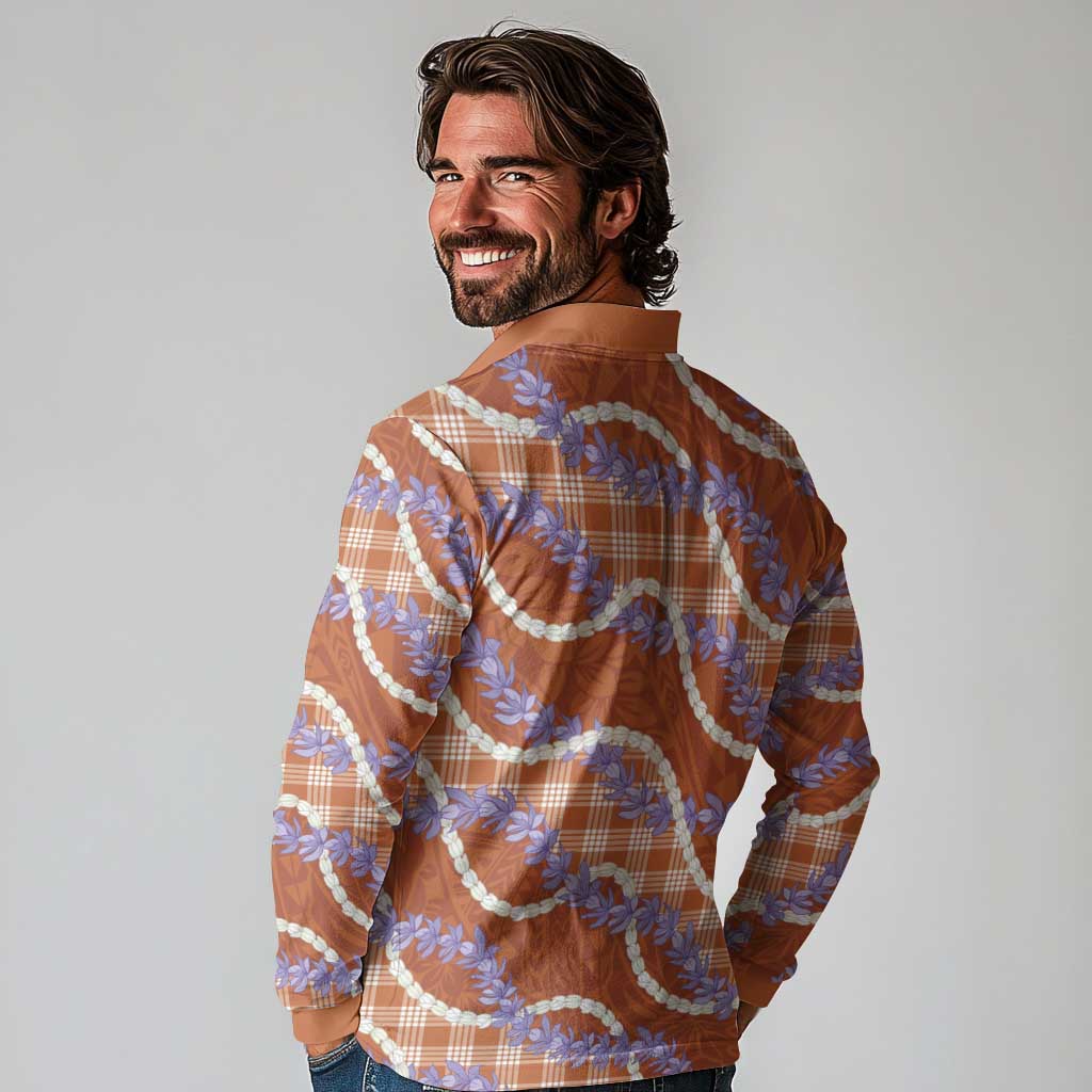 Orange Hawaii Palaka Honohono Pikake Long Sleeve Polo Shirt Hawaiian Orchid Lei Polynesian Pattern - Polynesian Pride