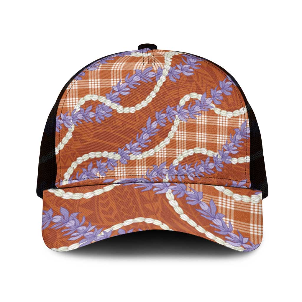 Orange Hawaii Palaka Honohono Pikake Mesh Trucker Cap Hawaiian Orchid Lei Polynesian Pattern - Polynesian Pride