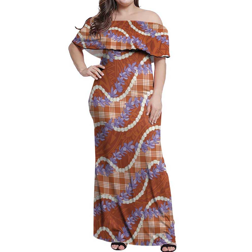 Orange Hawaii Palaka Honohono Pikake Off Shoulder Maxi Dress Hawaiian Orchid Lei Polynesian Pattern - Polynesian Pride