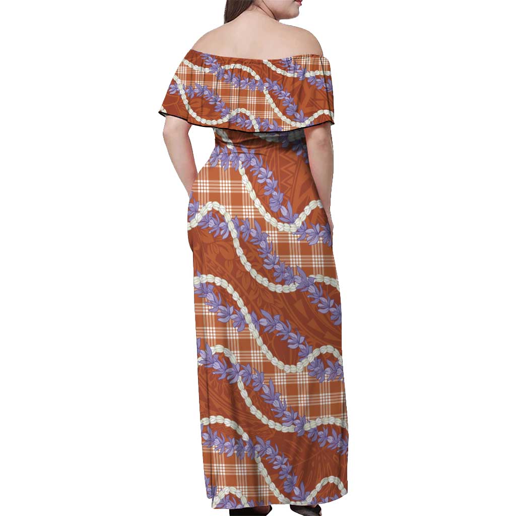 Orange Hawaii Palaka Honohono Pikake Off Shoulder Maxi Dress Hawaiian Orchid Lei Polynesian Pattern - Polynesian Pride