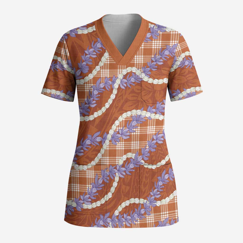 Orange Hawaii Palaka Honohono Pikake Scrub Top Hawaiian Orchid Lei Polynesian Pattern LT14 Adult Orange - Polynesian Pride