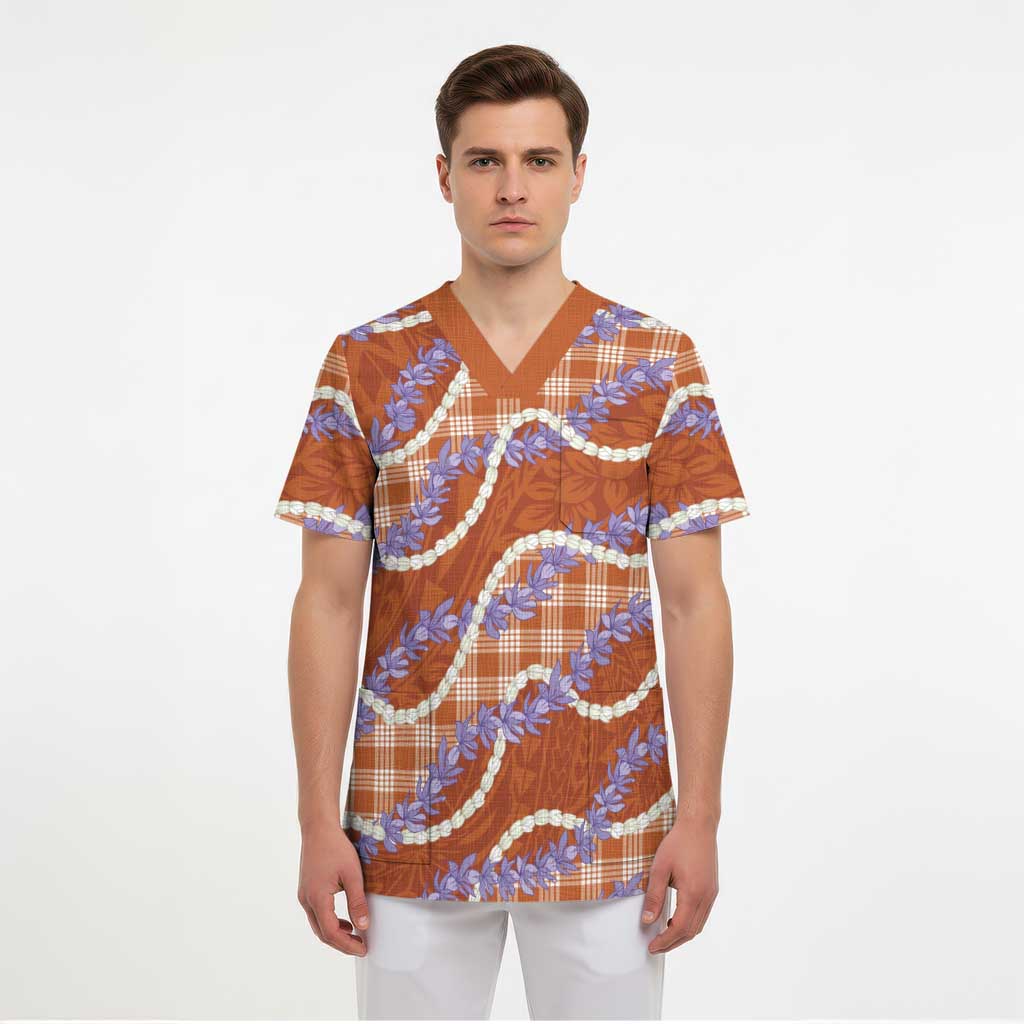 Orange Hawaii Palaka Honohono Pikake Scrub Top Hawaiian Orchid Lei Polynesian Pattern - Polynesian Pride