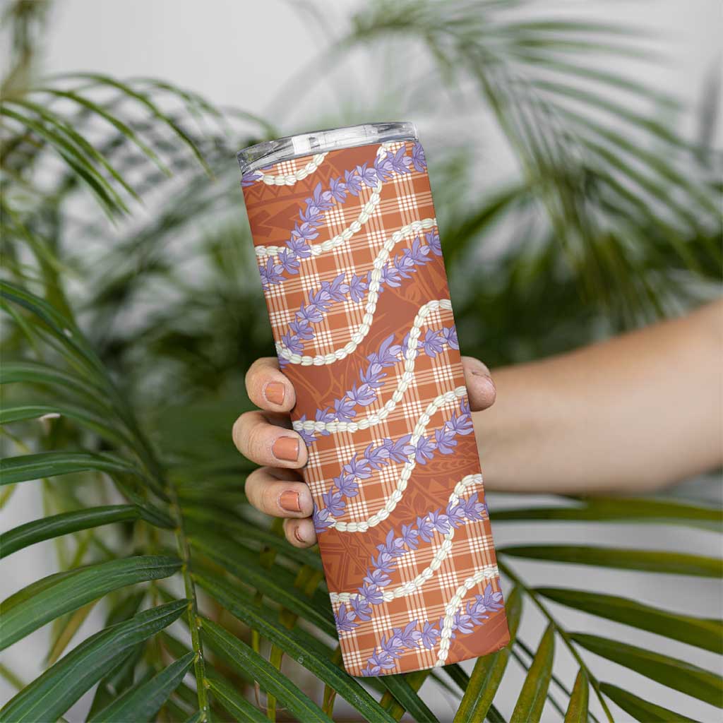 Orange Hawaii Palaka Honohono Pikake Skinny Tumbler Hawaiian Orchid Lei Polynesian Pattern - Polynesian Pride