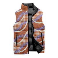 Orange Hawaii Palaka Honohono Pikake Sleeveless Puffer Jacket Hawaiian Orchid Lei Polynesian Pattern - Polynesian Pride