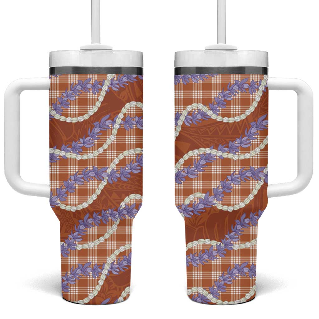 Orange Hawaii Palaka Honohono Pikake Tumbler With Handle Hawaiian Orchid Lei Polynesian Pattern - Polynesian Pride
