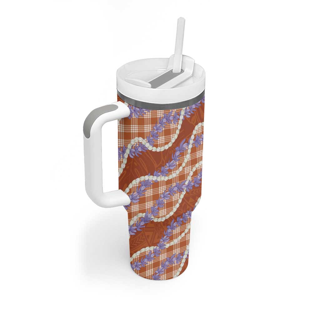 Orange Hawaii Palaka Honohono Pikake Tumbler With Handle Hawaiian Orchid Lei Polynesian Pattern - Polynesian Pride