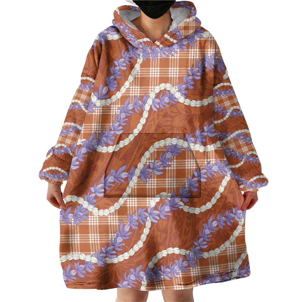 Orange Hawaii Palaka Honohono Pikake Wearable Blanket Hoodie Hawaiian Orchid Lei Polynesian Pattern - Polynesian Pride