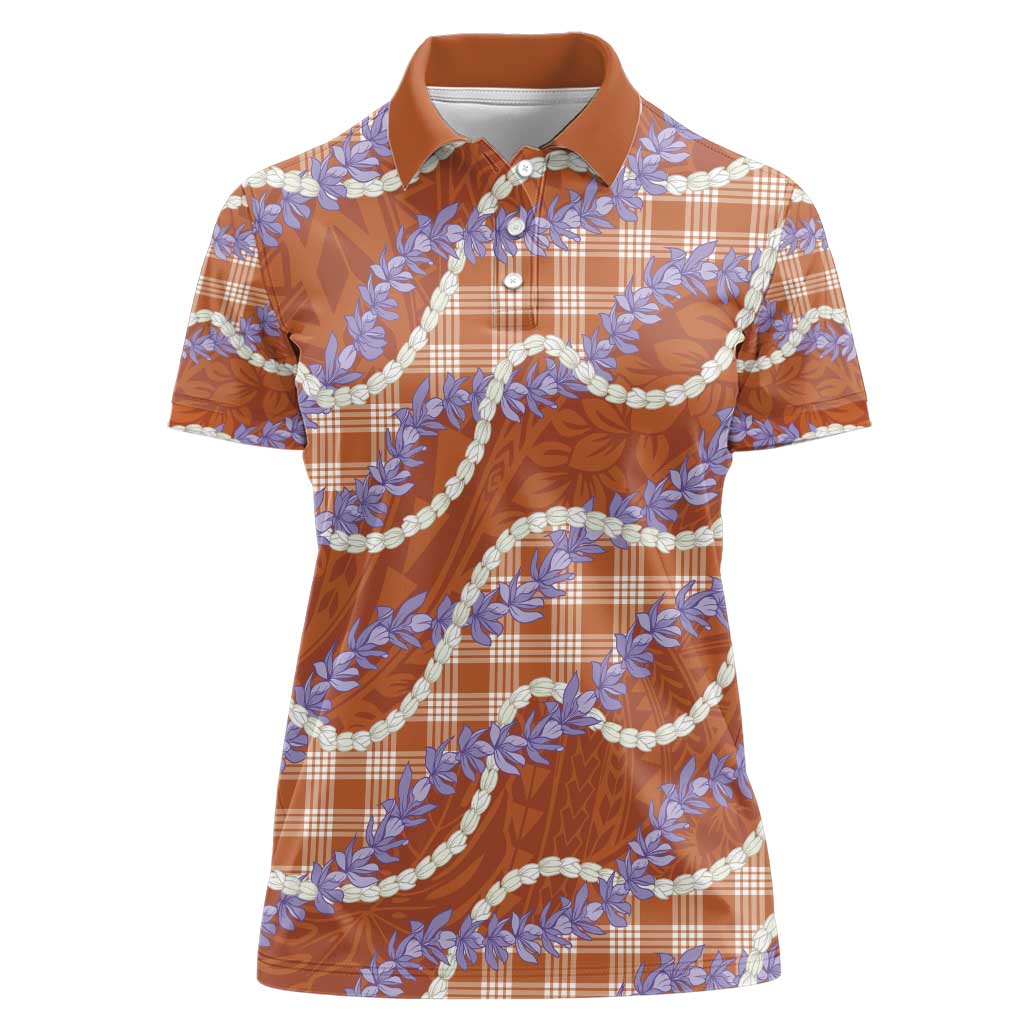 Orange Hawaii Palaka Honohono Pikake Women Polo Shirt Hawaiian Orchid Lei Polynesian Pattern - Polynesian Pride