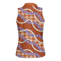 Orange Hawaii Palaka Honohono Pikake Women Sleeveless Polo Shirt Hawaiian Orchid Lei Polynesian Pattern - Polynesian Pride