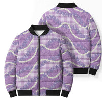 Purple Hawaii Palaka Honohono Pikake Bomber Puffer Jacket Hawaiian Orchid Lei Polynesian Pattern - Polynesian Pride