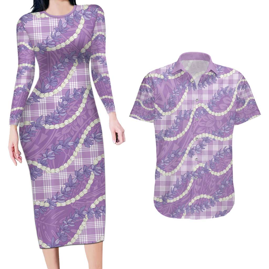 Purple Hawaii Palaka Honohono Pikake Couples Matching Long Sleeve Bodycon Dress and Hawaiian Shirt Hawaiian Orchid Lei Polynesian Pattern - Polynesian Pride