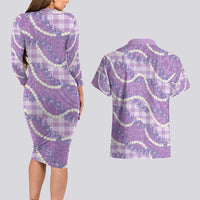 Purple Hawaii Palaka Honohono Pikake Couples Matching Long Sleeve Bodycon Dress and Hawaiian Shirt Hawaiian Orchid Lei Polynesian Pattern - Polynesian Pride