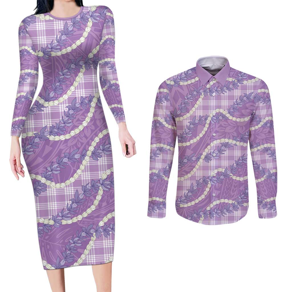 Purple Hawaii Palaka Honohono Pikake Couples Matching Long Sleeve Bodycon Dress and Long Sleeve Button Shirt Hawaiian Orchid Lei Polynesian Pattern - Polynesian Pride