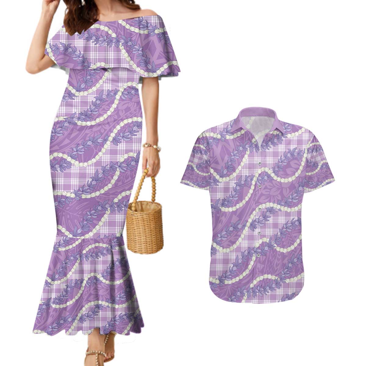 Purple Hawaii Palaka Honohono Pikake Couples Matching Mermaid Dress and Hawaiian Shirt Hawaiian Orchid Lei Polynesian Pattern - Polynesian Pride