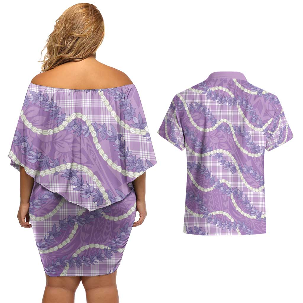 Purple Hawaii Palaka Honohono Pikake Couples Matching Off Shoulder Short Dress and Hawaiian Shirt Hawaiian Orchid Lei Polynesian Pattern - Polynesian Pride
