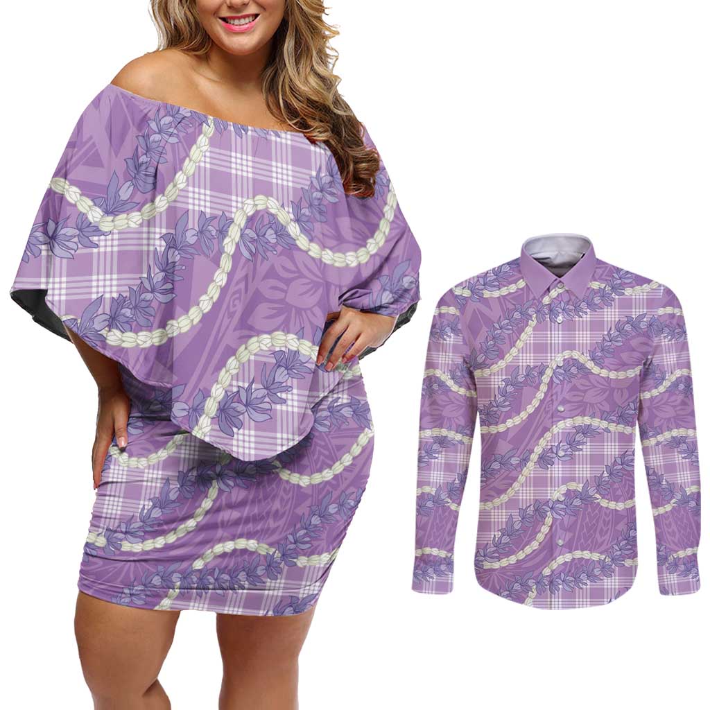 Purple Hawaii Palaka Honohono Pikake Couples Matching Off Shoulder Short Dress and Long Sleeve Button Shirt Hawaiian Orchid Lei Polynesian Pattern - Polynesian Pride