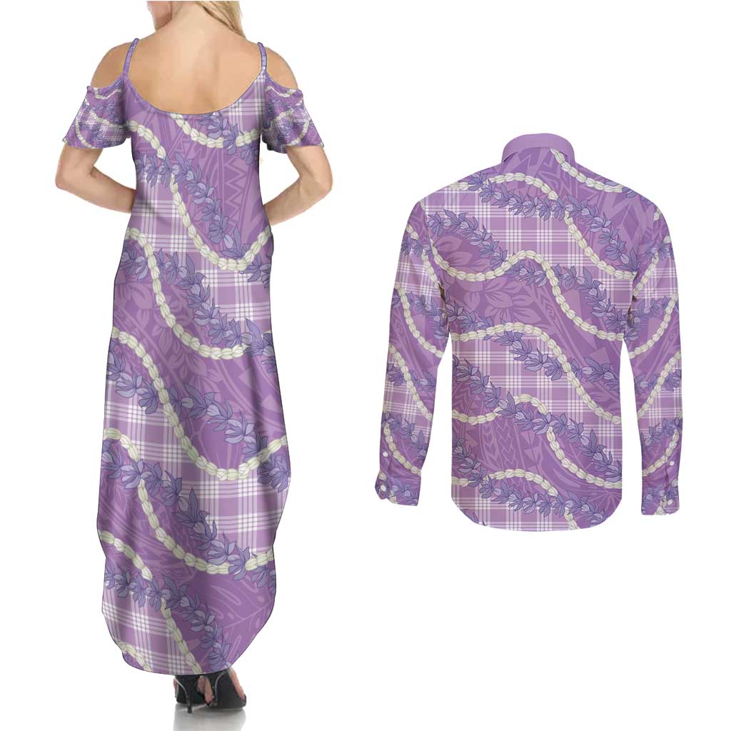 Purple Hawaii Palaka Honohono Pikake Couples Matching Summer Maxi Dress and Long Sleeve Button Shirt Hawaiian Orchid Lei Polynesian Pattern - Polynesian Pride