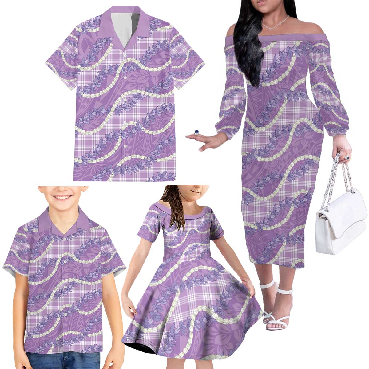 Purple Hawaii Palaka Honohono Pikake Family Matching Off The Shoulder Long Sleeve Dress and Hawaiian Shirt Hawaiian Orchid Lei Polynesian Pattern - Polynesian Pride