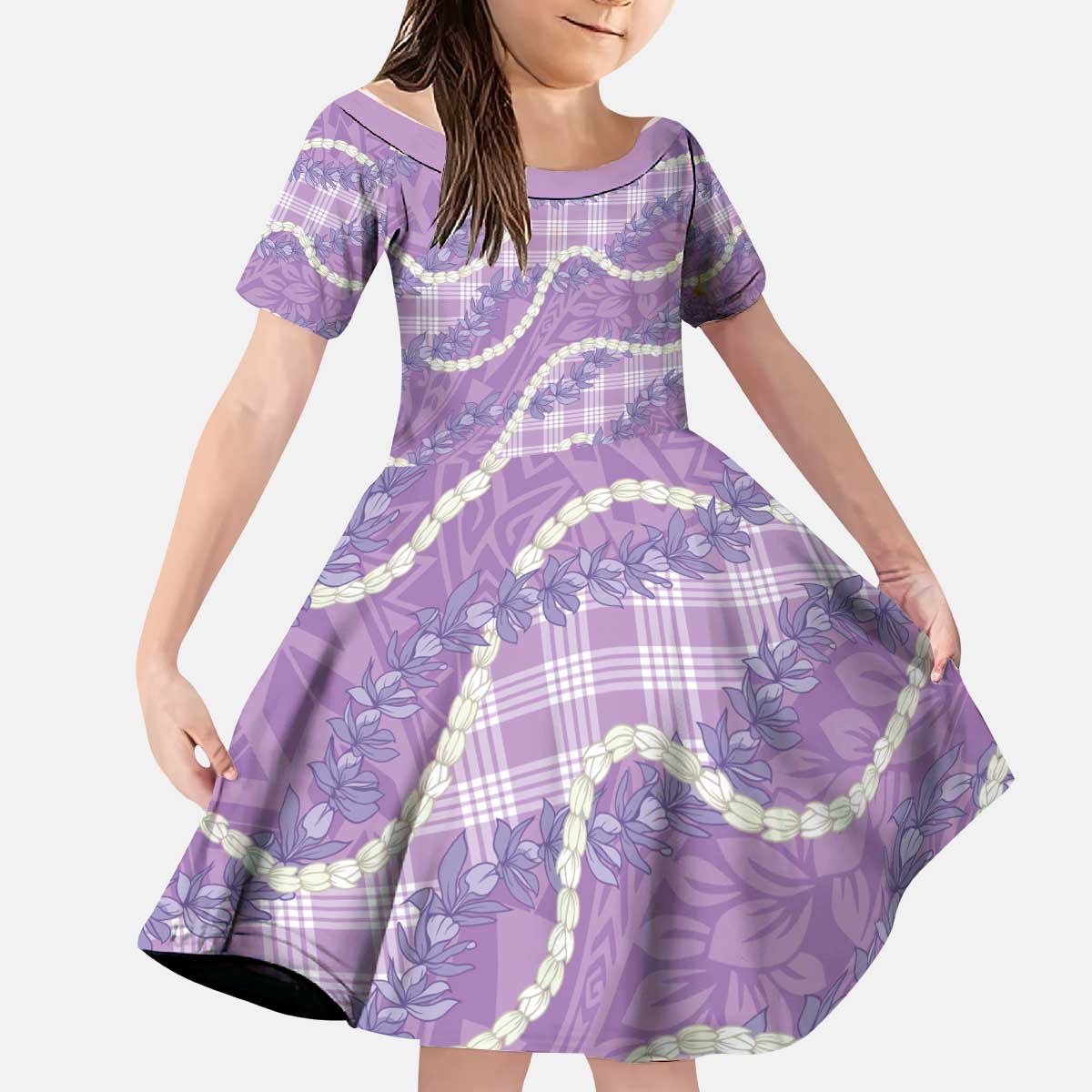 Purple Hawaii Palaka Honohono Pikake Kid Short Sleeve Dress Hawaiian Orchid Lei Polynesian Pattern - Polynesian Pride