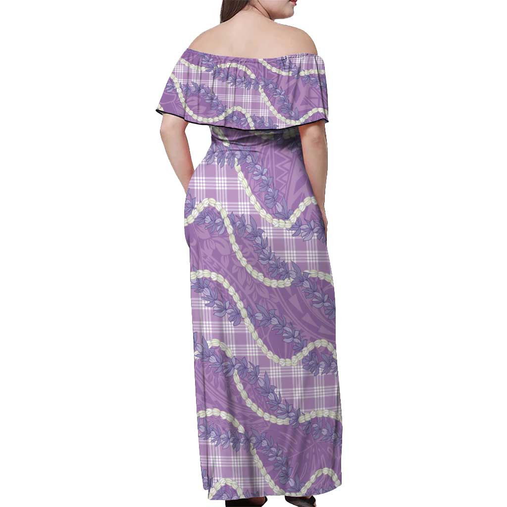 Purple Hawaii Palaka Honohono Pikake Off Shoulder Maxi Dress Hawaiian Orchid Lei Polynesian Pattern - Polynesian Pride