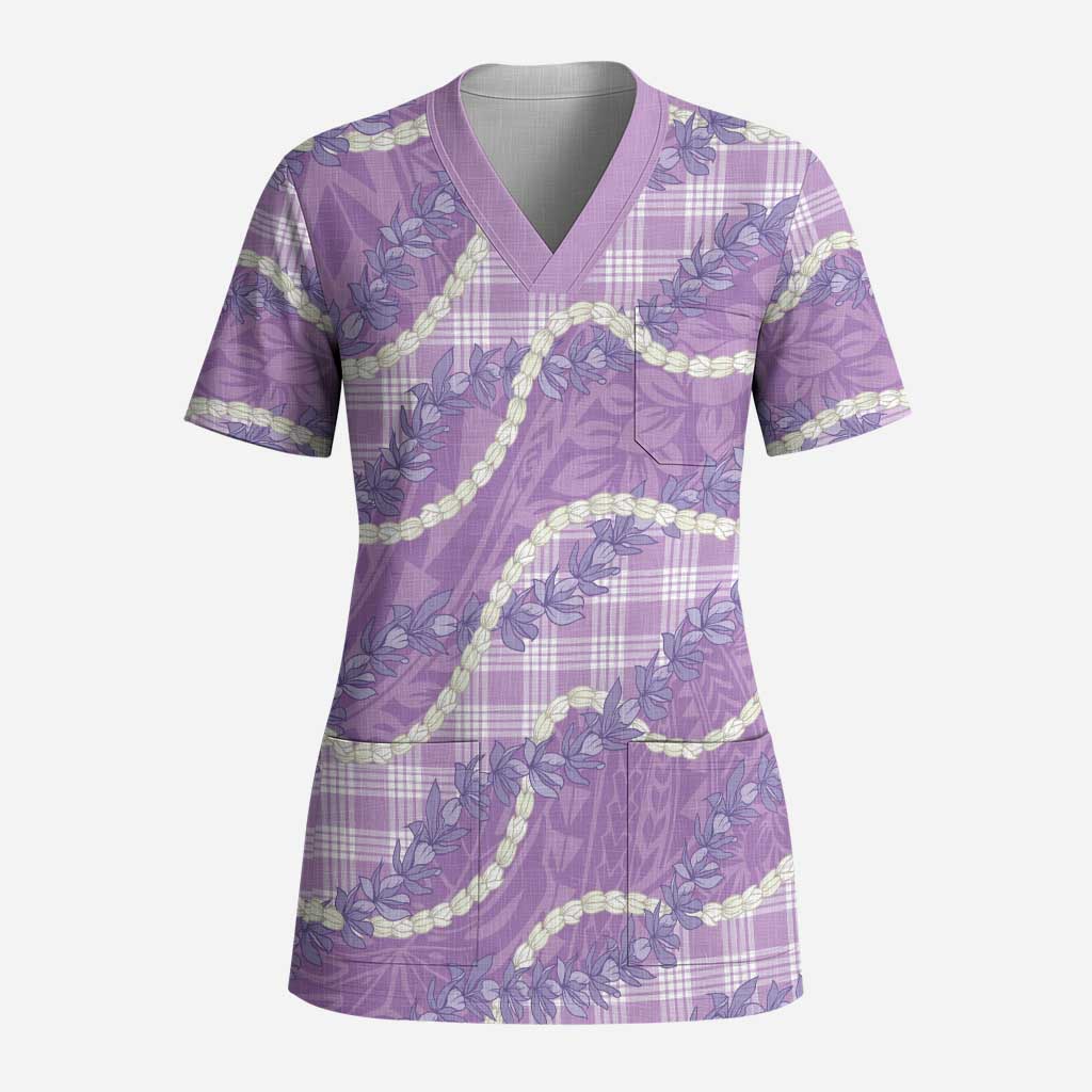 Purple Hawaii Palaka Honohono Pikake Scrub Top Hawaiian Orchid Lei Polynesian Pattern LT14 Adult Purple - Polynesian Pride