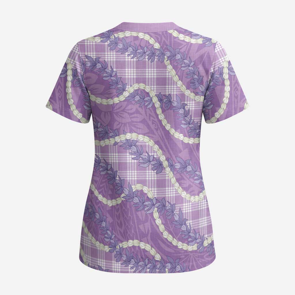 Purple Hawaii Palaka Honohono Pikake Scrub Top Hawaiian Orchid Lei Polynesian Pattern - Polynesian Pride