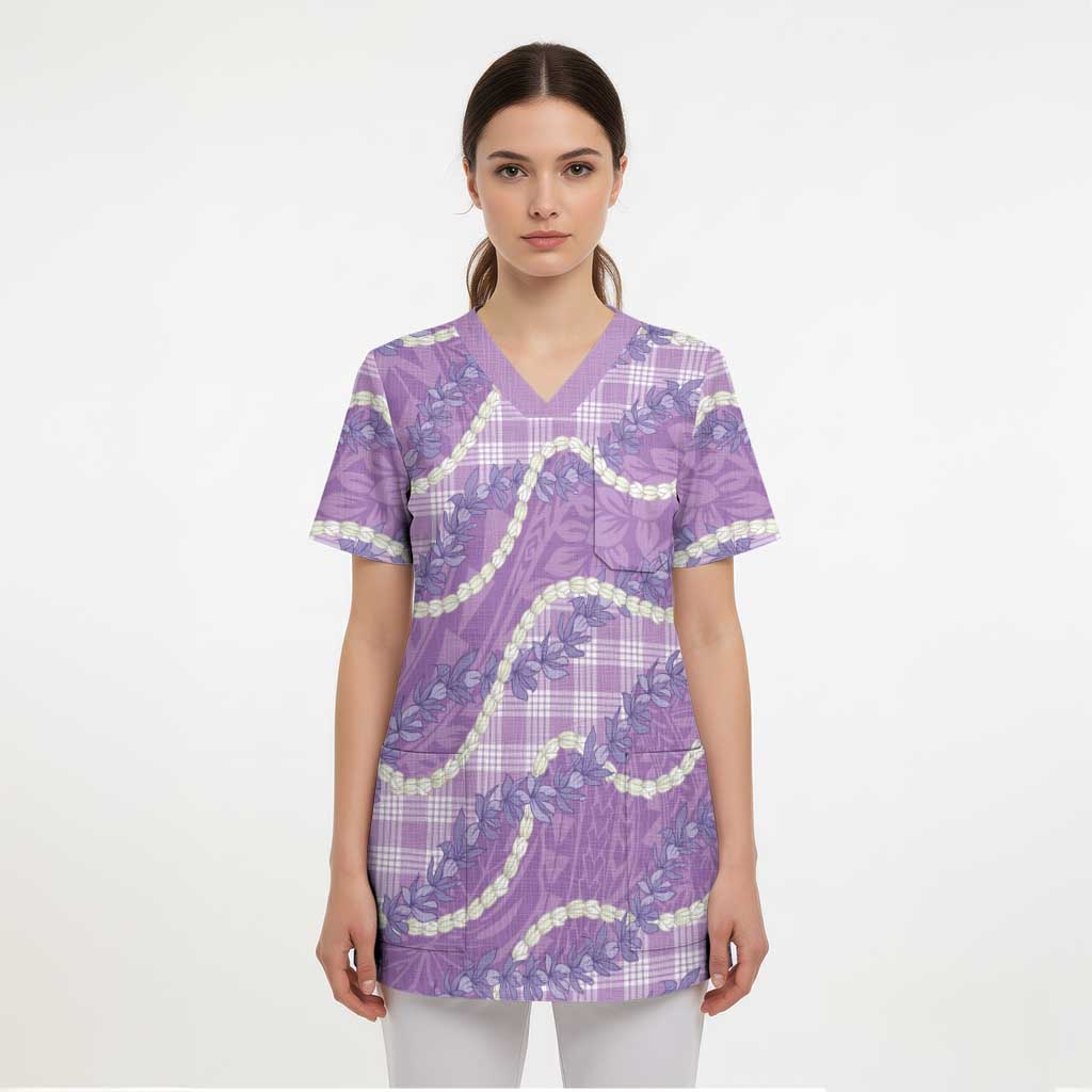 Purple Hawaii Palaka Honohono Pikake Scrub Top Hawaiian Orchid Lei Polynesian Pattern - Polynesian Pride