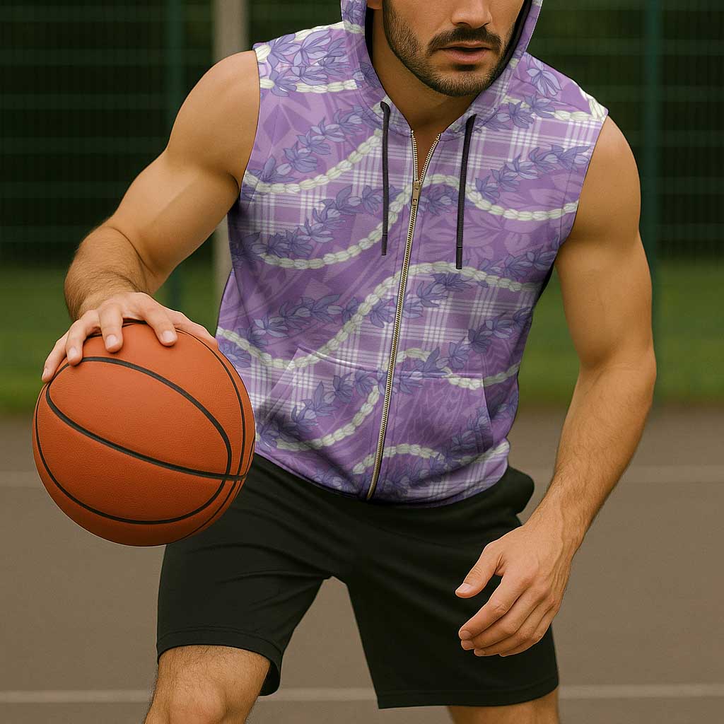 Purple Hawaii Palaka Honohono Pikake Sleeveless Zip Hoodie Hawaiian Orchid Lei Polynesian Pattern - Polynesian Pride