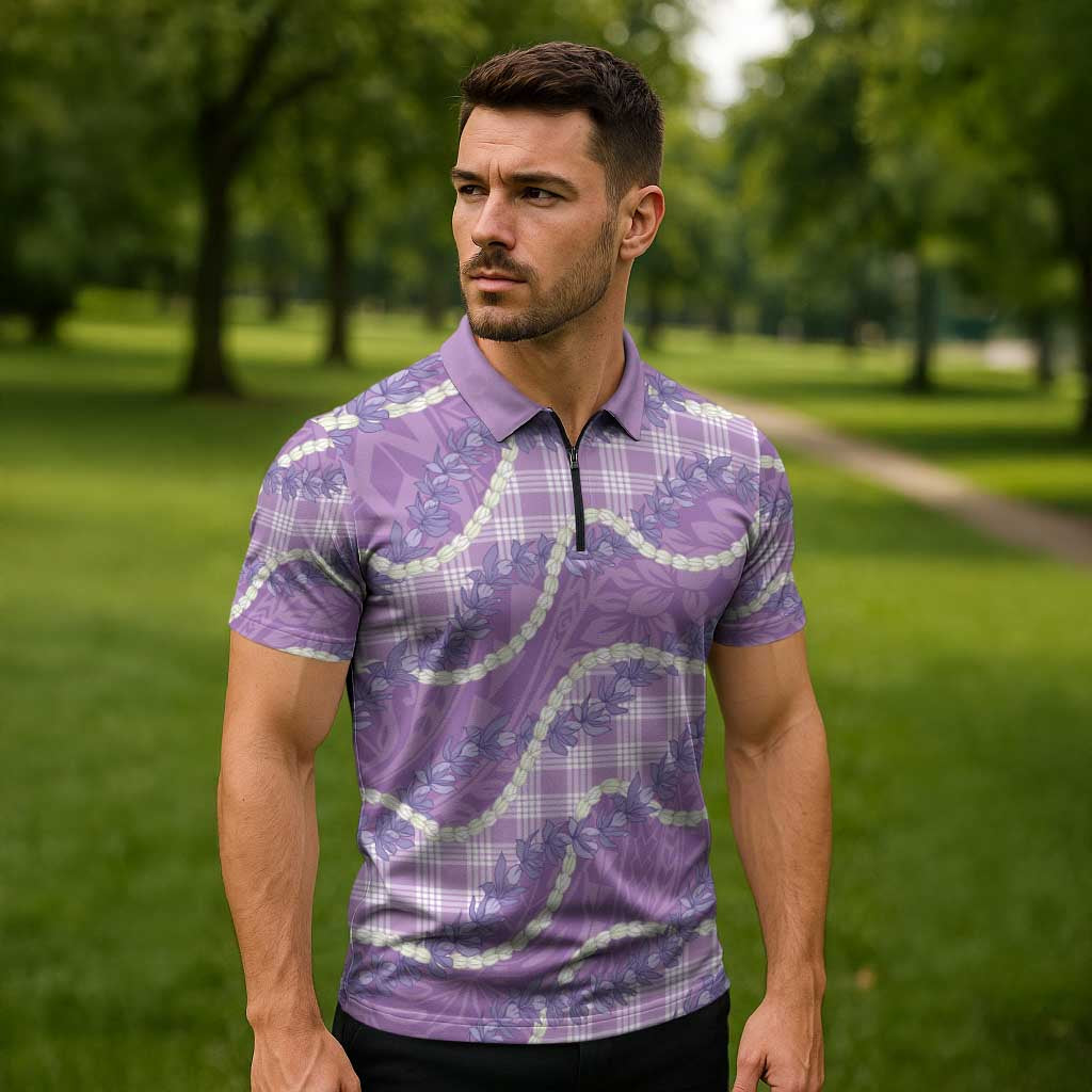 Purple Hawaii Palaka Honohono Pikake Zipper Polo Shirt Hawaiian Orchid Lei Polynesian Pattern - Polynesian Pride