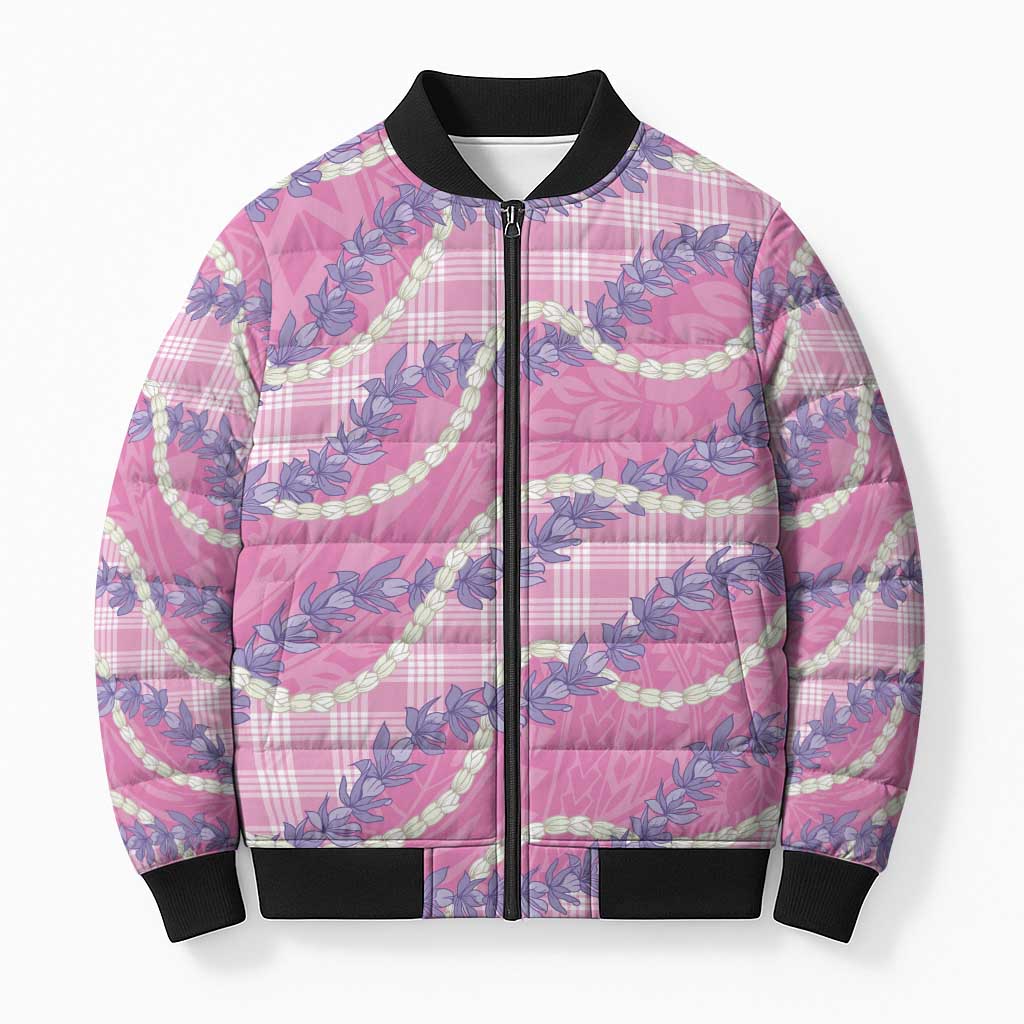Pink Hawaii Palaka Honohono Pikake Bomber Puffer Jacket Hawaiian Orchid Lei Polynesian Pattern - Polynesian Pride