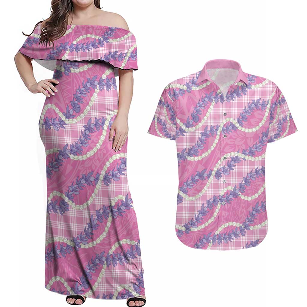 Pink Hawaii Palaka Honohono Pikake Couples Matching Off Shoulder Maxi Dress and Hawaiian Shirt Hawaiian Orchid Lei Polynesian Pattern - Polynesian Pride