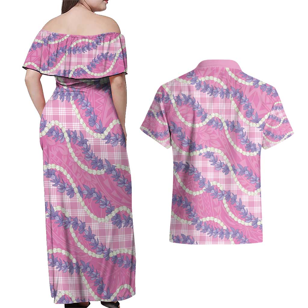 Pink Hawaii Palaka Honohono Pikake Couples Matching Off Shoulder Maxi Dress and Hawaiian Shirt Hawaiian Orchid Lei Polynesian Pattern - Polynesian Pride