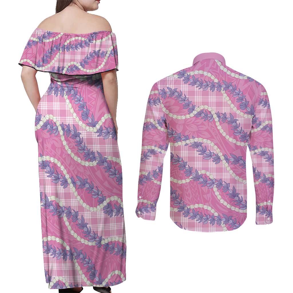 Pink Hawaii Palaka Honohono Pikake Couples Matching Off Shoulder Maxi Dress and Long Sleeve Button Shirt Hawaiian Orchid Lei Polynesian Pattern - Polynesian Pride