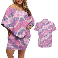 Pink Hawaii Palaka Honohono Pikake Couples Matching Off Shoulder Short Dress and Hawaiian Shirt Hawaiian Orchid Lei Polynesian Pattern - Polynesian Pride
