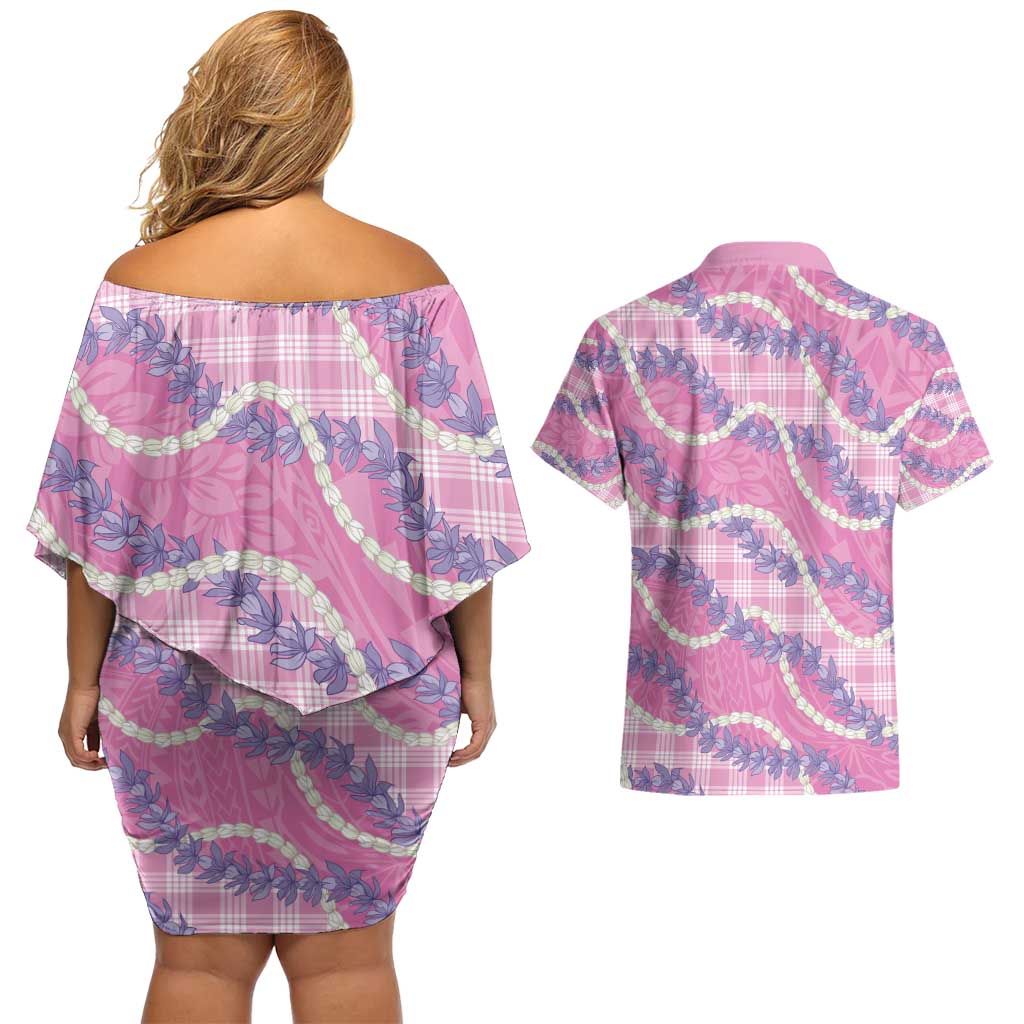 Pink Hawaii Palaka Honohono Pikake Couples Matching Off Shoulder Short Dress and Hawaiian Shirt Hawaiian Orchid Lei Polynesian Pattern - Polynesian Pride