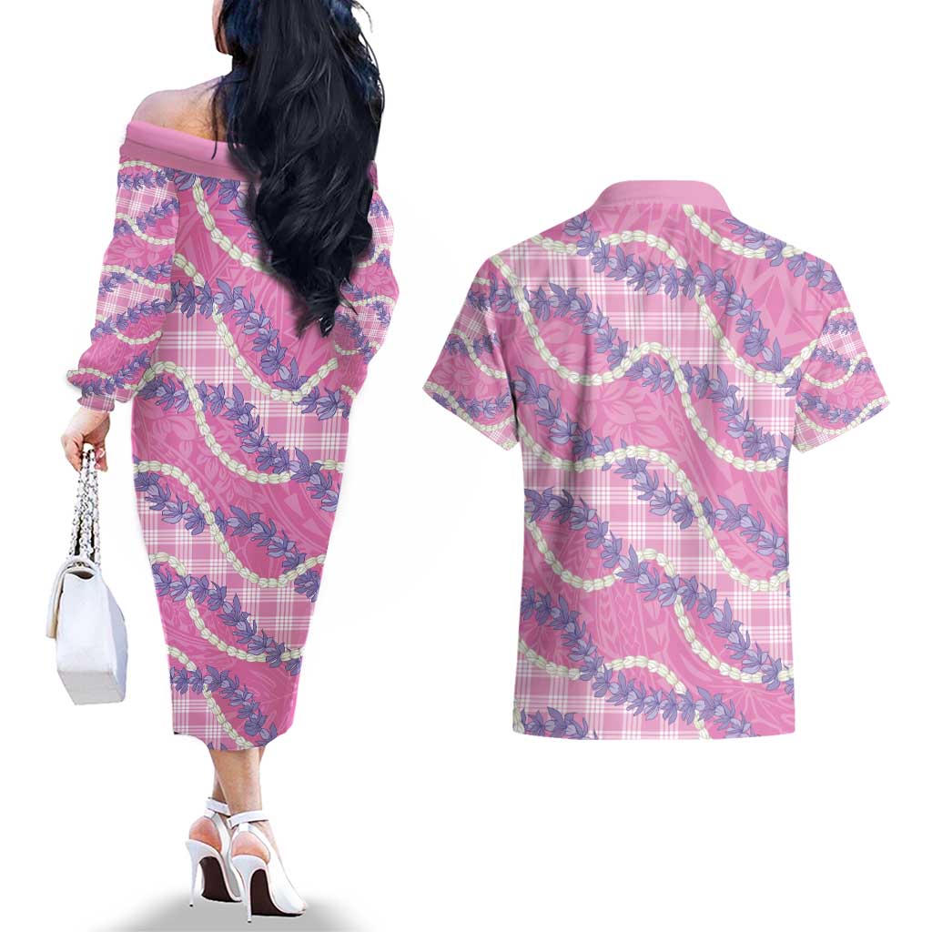Pink Hawaii Palaka Honohono Pikake Couples Matching Off The Shoulder Long Sleeve Dress and Hawaiian Shirt Hawaiian Orchid Lei Polynesian Pattern - Polynesian Pride