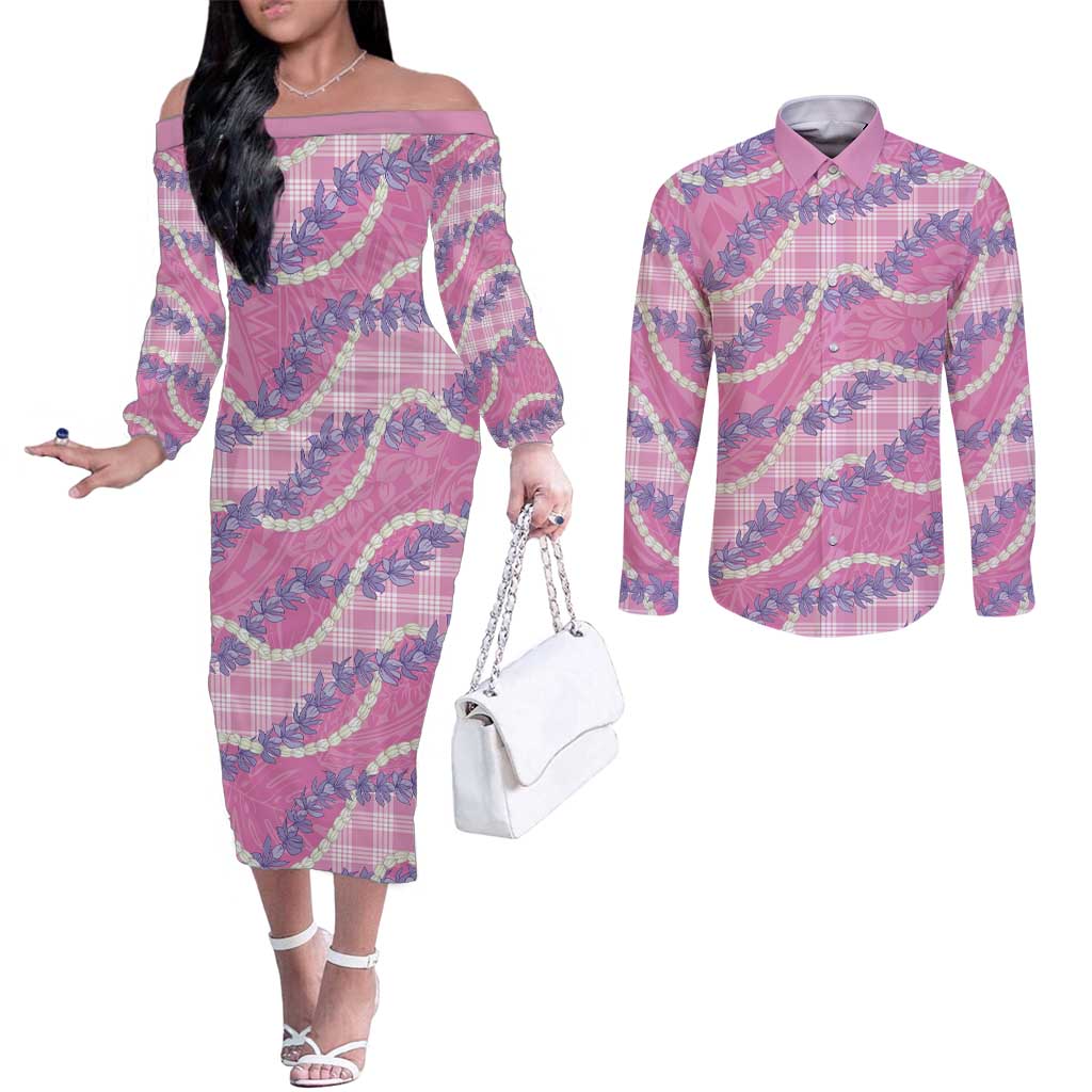 Pink Hawaii Palaka Honohono Pikake Couples Matching Off The Shoulder Long Sleeve Dress and Long Sleeve Button Shirt Hawaiian Orchid Lei Polynesian Pattern - Polynesian Pride