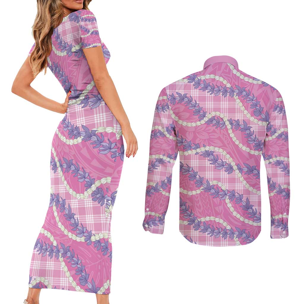 Pink Hawaii Palaka Honohono Pikake Couples Matching Short Sleeve Bodycon Dress and Long Sleeve Button Shirt Hawaiian Orchid Lei Polynesian Pattern - Polynesian Pride